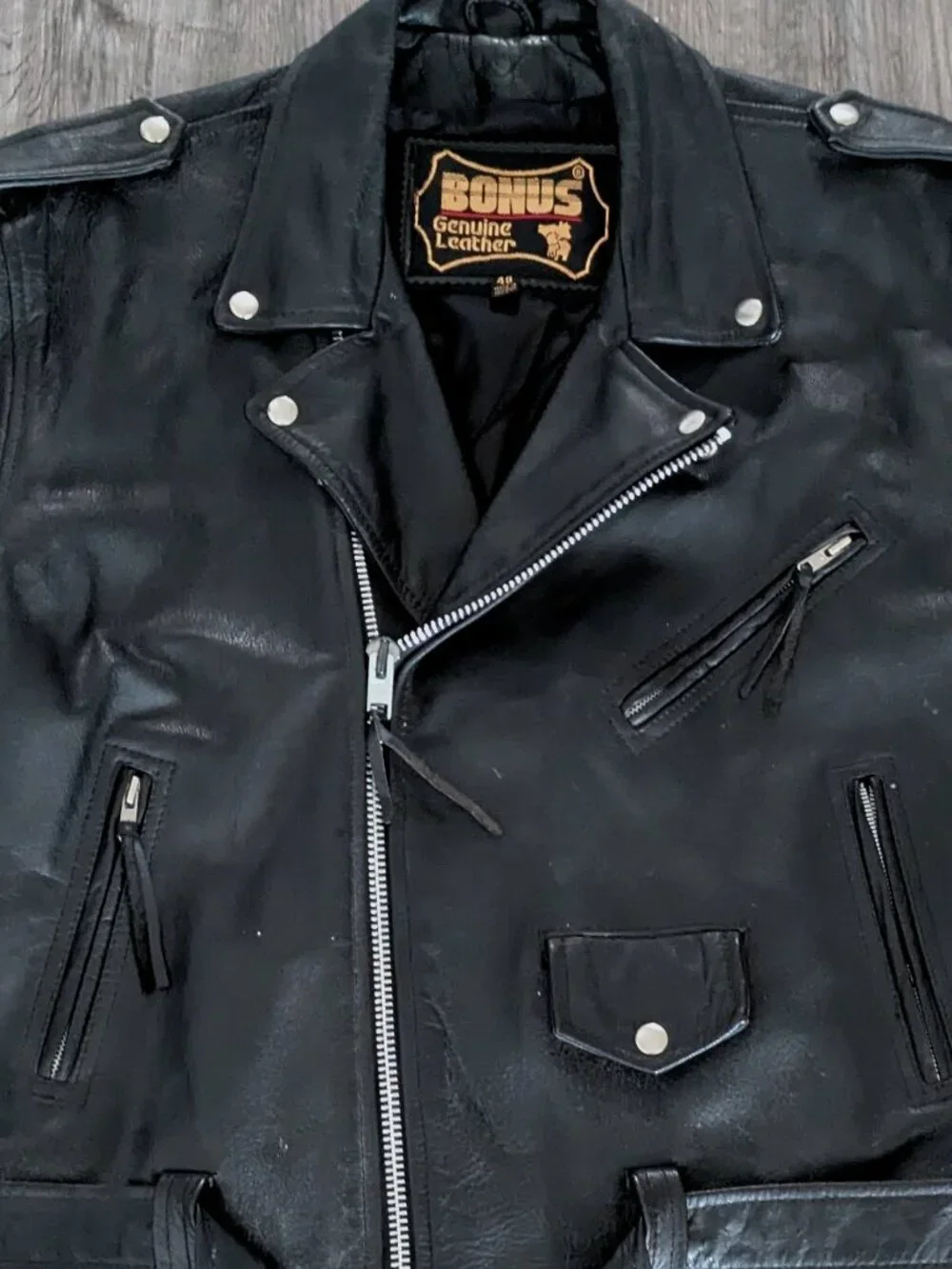 Vintage Bonus Heavy Genuine Leather Biker Riding Jacket - Mens Sz 48 Heavy Black